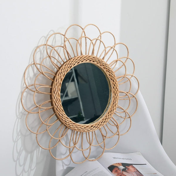 Round rattan mirror.