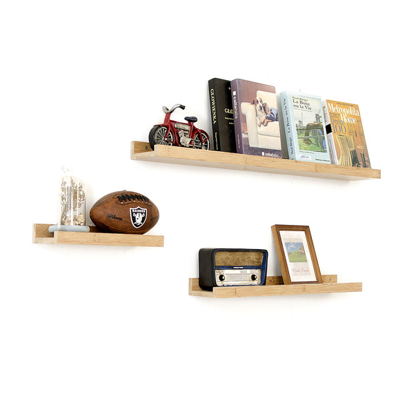 Wooden wall mounted shelving.