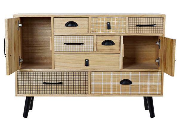 Sideboard with different sized drawers.