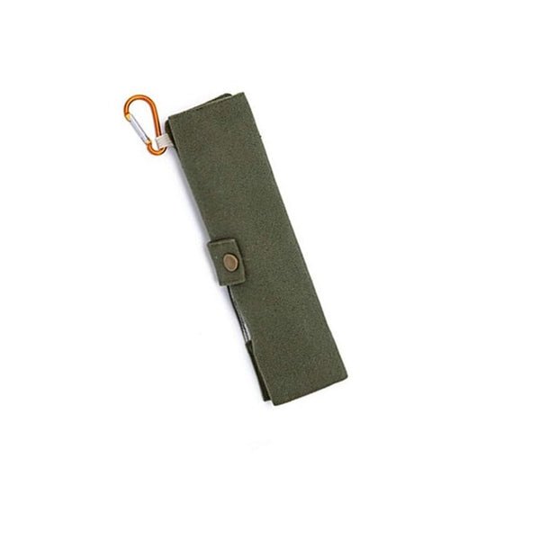 Army green pouch containing bamboo travel utensils.