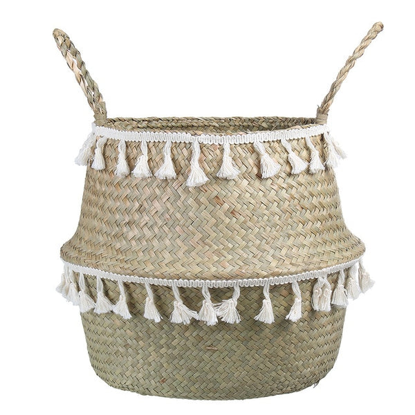 Hand woven seagrass storage basket with tassels - EcoPByLeo