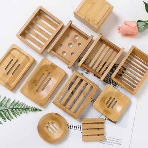 Bamboo soap dish holders with drainage holes.