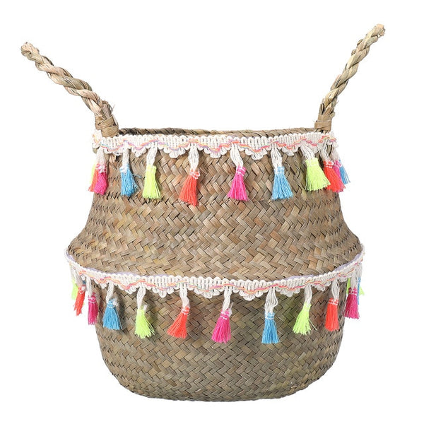 Colourful tasselled seagrass storage basket.